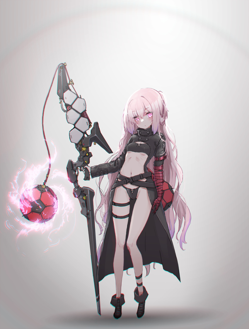 1girl absurdres bangs belt bikini black_bikini blush boots breasts full_body highres holding holding_weapon long_hair looking_at_viewer navel oota_youjo original pink_eyes pink_hair small_breasts solo swimsuit weapon