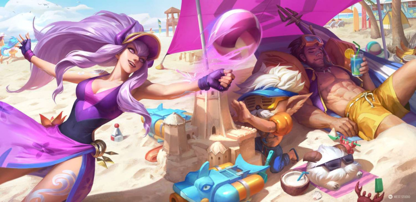1girl 2boys abs arm_tattoo armpits bad_source ball beach beachball beard breasts caitlyn_(league_of_legends) cleavage closed_eyes cloud cloudy_sky coconut compression_shirt crab cup facial_hair feet_out_of_frame fingerless_gloves food fruit gloves goggles goggles_on_head hat heimerdinger horns jacket jarvan_iv_(league_of_legends) jewelry league_of_legends leg_tattoo lemon lemon_slice lifeguard lifeguard_tower long_hair looking_to_the_side lying messy_hair multiple_boys muscular muscular_male mustache necklace nipples official_art on_back open_clothes open_jacket open_mouth outdoors pectorals pointy_ears ponytail pool_party_caitlyn pool_party_heimerdinger pool_party_jarvan_iv pool_party_syndra pool_party_zoe poro_(league_of_legends) purple_eyes purple_hair sand sand_castle sand_sculpture shorts skirt sky sleeveless smile smirk sunglasses surfboard swimsuit syndra tattoo teeth tongue umbrella unzipped volleyball water_gun west_studio white_hair yordle