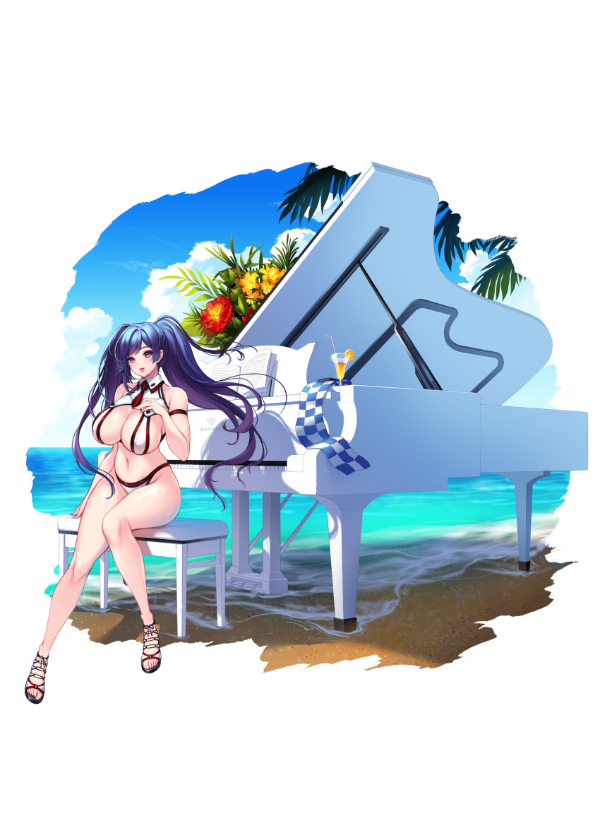 1girl absurdres arm_strap beach bikini black_hair breasts cloud collared_bikini day glass grand_piano hand_on_own_chest highres instrument large_breasts long_hair navel necktie open_mouth original outdoors palm_tree piano purple_eyes revision sitting skindentation solo swimsuit toriseru_(thesuperhero) tree twintails very_long_hair water white_bikini