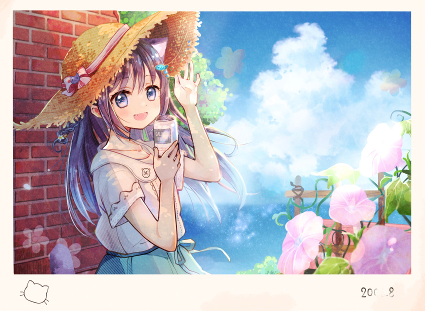 1girl :d animal_ears bangs blue_eyes brick_wall can cat_ears cat_girl cat_hat_ornament collared_shirt day drink fang fence fish_hair_ornament flower hacosumi hair_ornament hand_on_headwear hand_up hat hat_ribbon highres holding holding_can holding_drink long_hair looking_at_viewer ocean original outdoors polaroid ribbon shirt short_sleeves sky smile solo straw_hat sun_hat