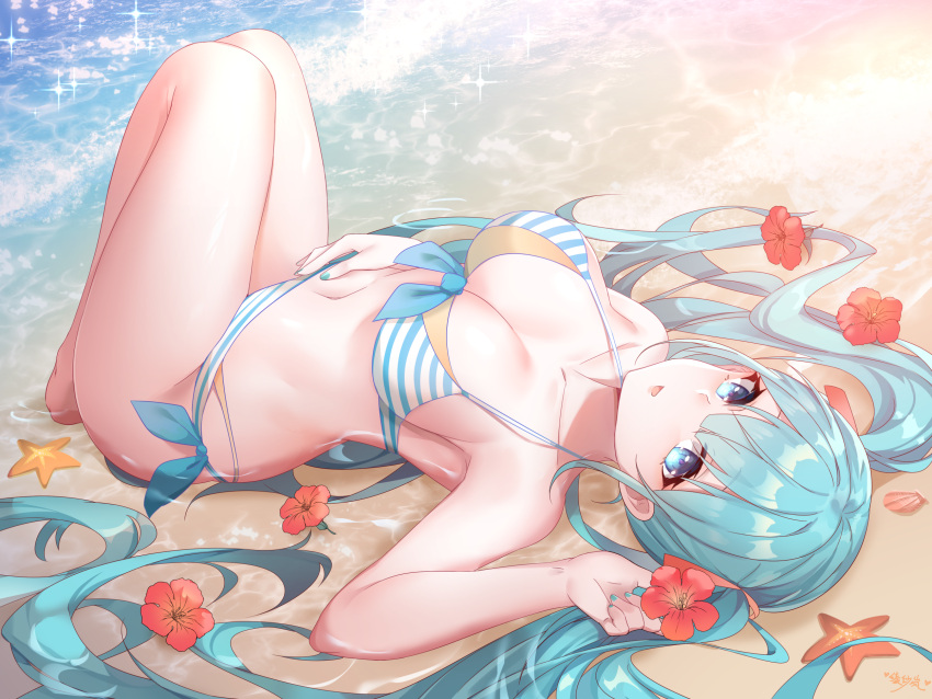 1girl :d aqua_eyes aqua_hair aqua_nails beach bikini breasts flower full_body hair_flower hair_ornament hand_up hatsune_miku hibiscus highres knees_up lingshalan long_hair looking_at_viewer lying medium_breasts on_back open_mouth outdoors red_flower smile solo starfish strap_gap striped striped_bikini swimsuit thighs twintails very_long_hair vocaloid water