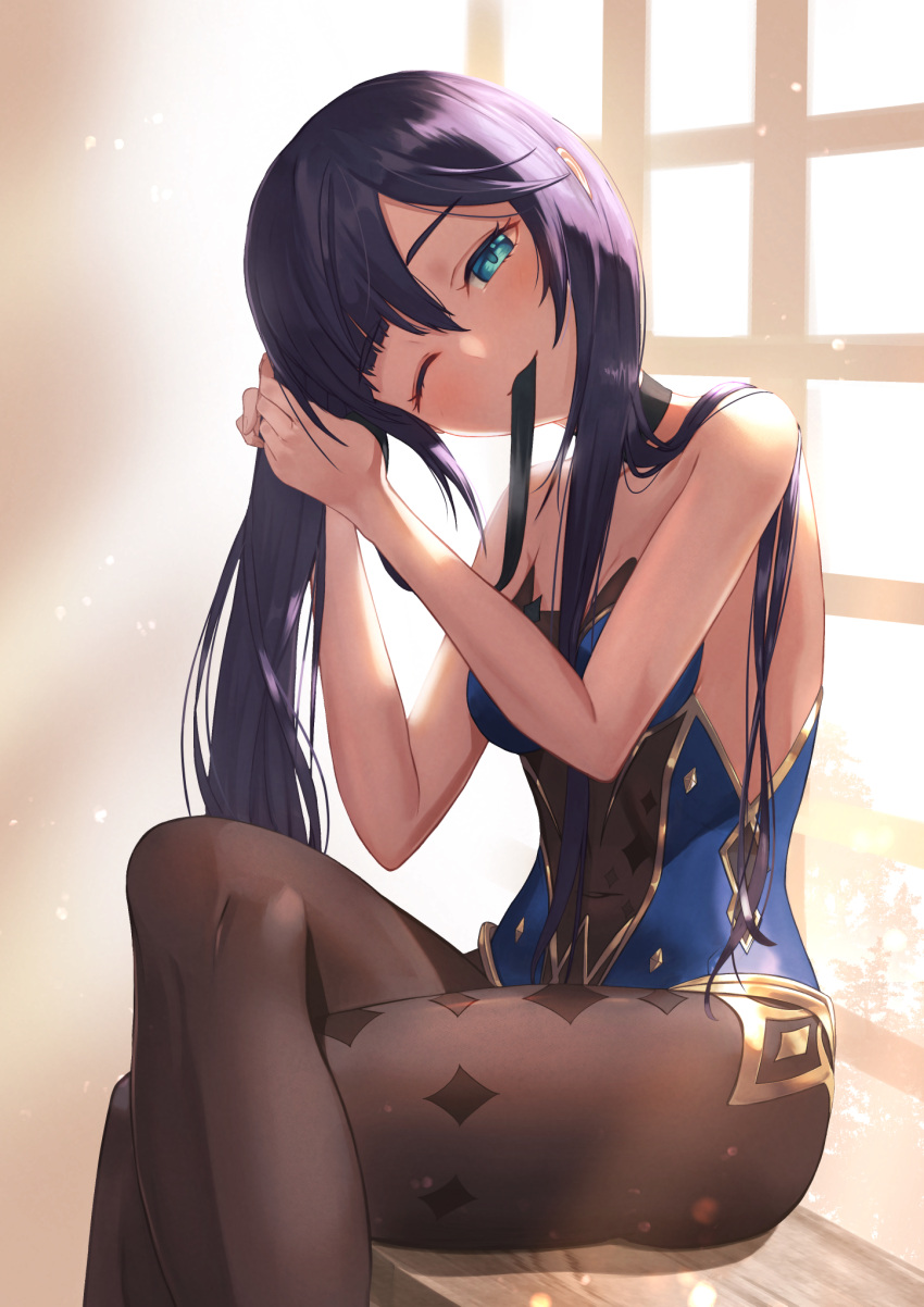 1girl :3 announ_(kurotya) backlighting bangs bare_shoulders black_hair blue_leotard blush bodystocking breasts brown_pantyhose choker covered_navel crossed_legs earrings genshin_impact gold_trim green_eyes highleg highleg_leotard highres jewelry leotard long_hair looking_at_viewer medium_breasts mona_(genshin_impact) mouth_hold no_headwear one_eye_closed pantyhose revision sitting smile solo star_(symbol) star_earrings thighs twintails tying_hair window