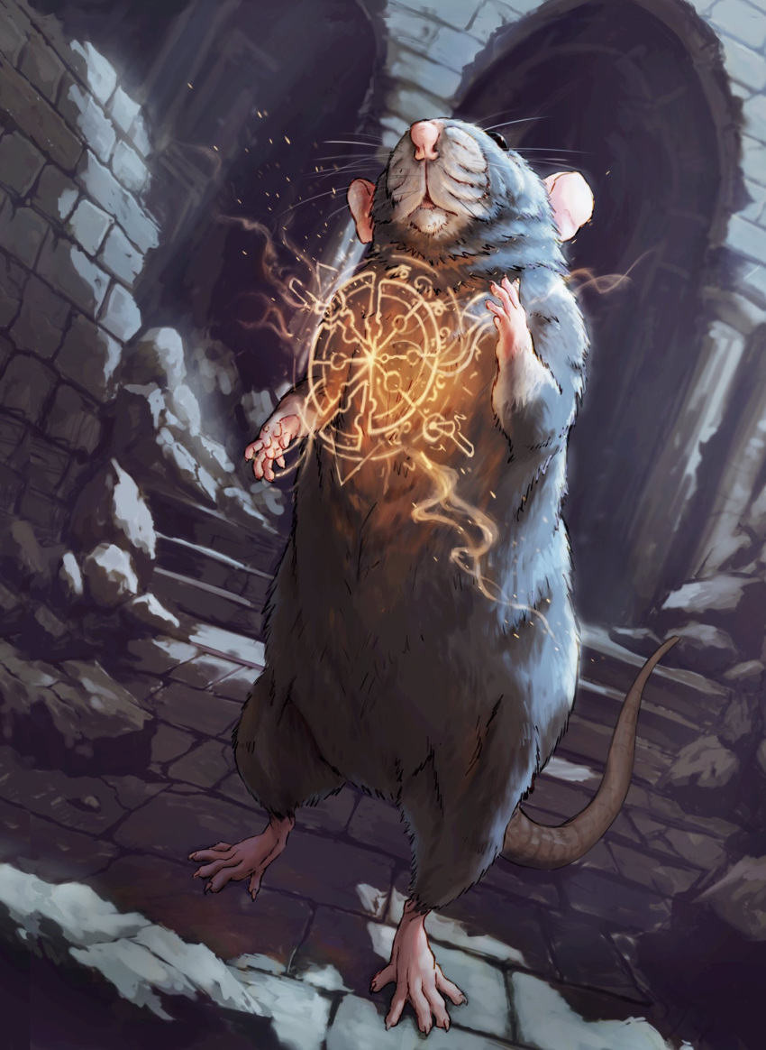 2022 5_fingers 5_toes biped detailed_background feet feral fingers hi_res magic mammal murid murine nejumipro pink_nose rat rodent ruins solo toes