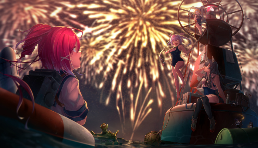 6+girls absurdres aerial_fireworks black_hair black_thighhighs blonde_hair blue_eyes blue_hair blue_one-piece_swimsuit breasts buoy crop_top fairy_(kancolle) fireworks glasses green_eyes grey_neckerchief hair_ornament hair_ribbon hat headgear highres i-168_(kancolle) i-19_(kancolle) i-47_(kancolle) i-8_(kancolle) i-coat kantai_collection ladder large_breasts long_hair low-tied_long_hair low_twintails minigirl multiple_girls name_tag neckerchief night night_sky outdoors ponytail red-framed_eyewear red_eyes red_hair ribbon sailor_collar sailor_hat sailor_shirt school_swimsuit see-through see-through_skirt semi-rimless_eyewear shirt sidelocks sitting skirt sky sleeveless sleeveless_shirt standing swimsuit swimsuit_under_clothes thighhighs tress_ribbon tri_tails twintails under-rim_eyewear x_hair_ornament