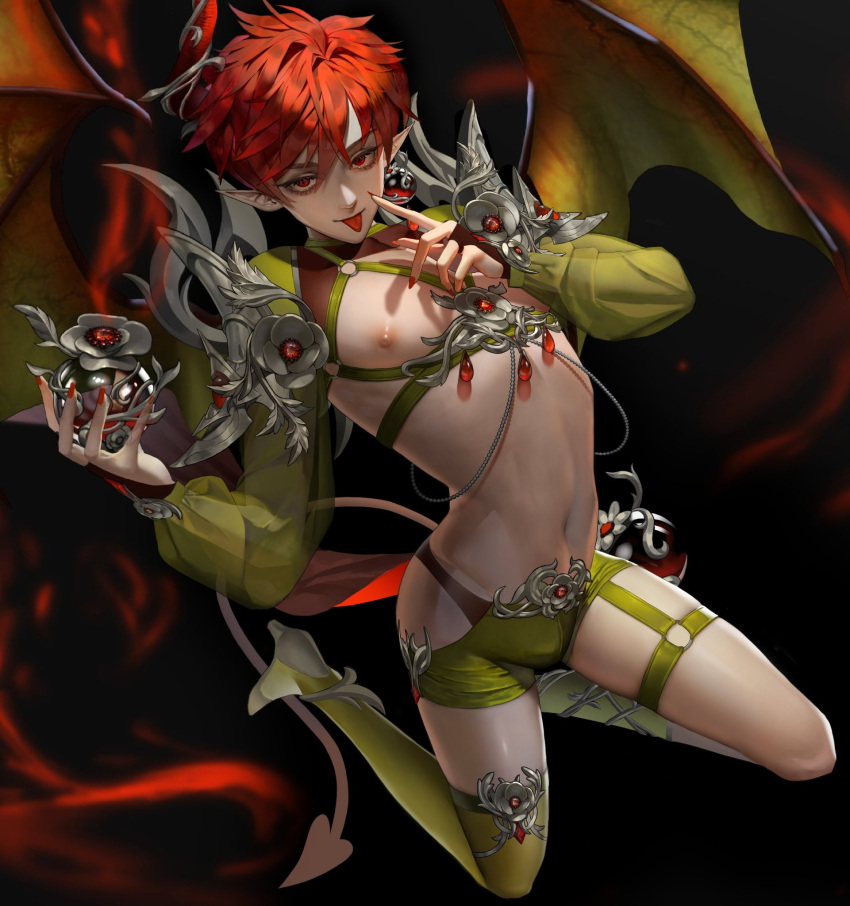 1boy :p armor between_pectorals black_background black_panties boots bottle bridal_gauntlets bulge demon_boy demon_tail demon_wings eyelashes eyeliner finger_to_cheek fingernails fire full_body gem green_footwear green_shorts green_wings hair_between_eyes harness high_heel_boots high_heels highres holding holding_bottle horn_ornament horns kneeling korean_commentary long_sleeves looking_at_viewer lowleg lowleg_shorts makeup male_focus nail_polish navel nipples o-ring original panties pauldrons pectorals pointy_ears princess_song puffy_long_sleeves puffy_sleeves red_eyes red_gemstone red_hair red_horns red_nails revealing_clothes see-through see-through_sleeves sharp_fingernails short_hair shorts shoulder_armor shrug_(clothing) single_horn skin_tight smoke solo tail thigh_boots thigh_strap toned toned_male tongue tongue_out underwear wings