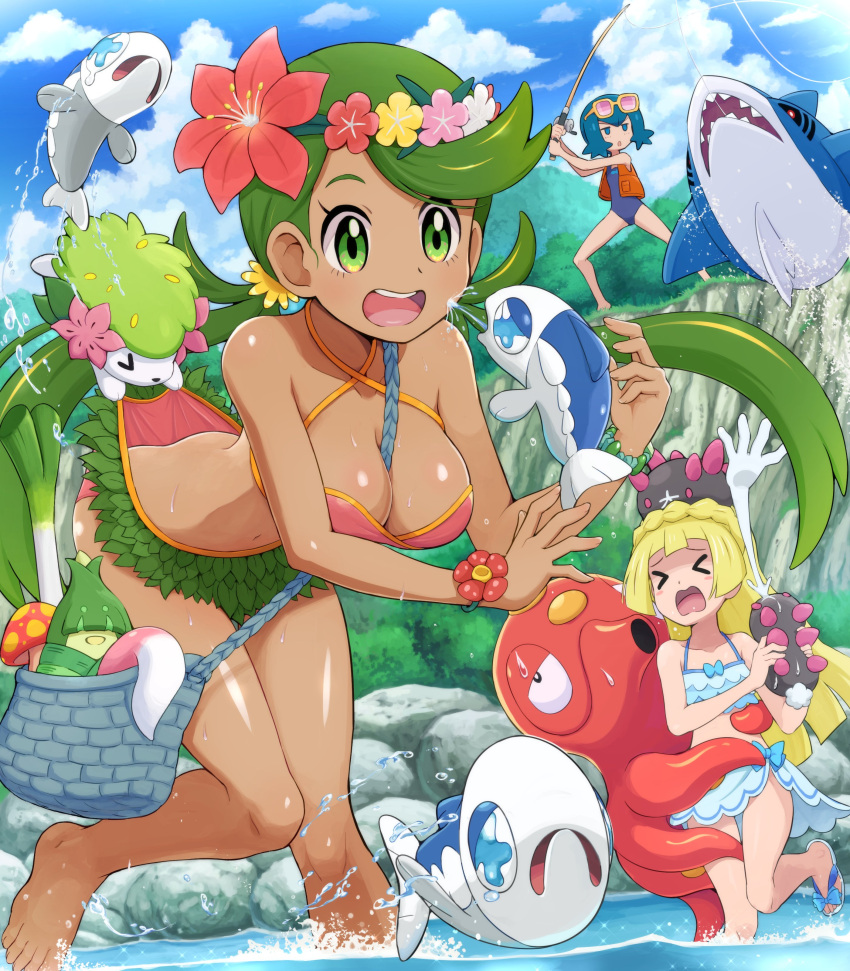 &gt;_&lt; 3girls absurdres alternate_costume bag bangs barefoot blonde_hair blue_eyes blue_hair body_blush breasts cleavage closed_eyes cloud commentary_request dark-skinned_female dark_skin day eyewear_on_head fish fishing fishing_rod flower green_eyes green_hair green_headband hair_flower hair_ornament headband highres holding holding_fishing_rod holding_pokemon knees lana_(pokemon) leg_up lillie_(pokemon) long_hair mallow_(pokemon) multiple_girls mushroom navel octillery one-piece_swimsuit open_clothes open_mouth open_vest outdoors pink_flower pokemoa pokemon pokemon_(anime) pokemon_(creature) pokemon_sm_(anime) pyukumuku raised_eyebrows rock sandals sharpedo shaymin shaymin_(land) shiny shiny_skin short_hair shoulder_bag sky standing sunglasses swept_bangs swimsuit teeth toes tongue twintails upper_teeth vest wading water water_drop wishiwashi wishiwashi_(solo)