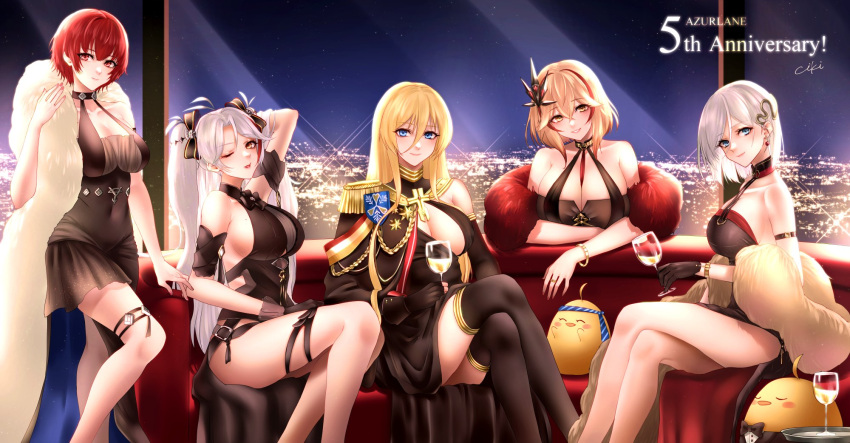 5girls aiguillette arm_behind_head arm_strap azur_lane bismarck_(azur_lane) bismarck_(beacon_of_the_iron_blood)_(azur_lane) bismarck_(coat_of_arms) black_bow black_bowtie black_dress black_gloves black_thighhighs blonde_hair blue_eyes bow bowtie breasts cikisign cleavage coat_of_arms cocktail_dress crossed_legs cup dress dress_shirt drinking_glass epaulettes evening_gown feather_boa fingerless_gloves gloves grey_hair hair_ribbon halter_dress halterneck highres holding holding_plate huge_breasts indoors large_breasts long_hair looking_at_viewer manjuu_(azur_lane) medium_hair multicolored_hair multiple_girls official_alternate_costume one_eye_closed orange_hair plate prinz_eugen_(azur_lane) prinz_eugen_(cordial_cornflower)_(azur_lane) red_hair ribbon roon_(azur_lane) roon_(viridescent_lullaby)_(azur_lane) shirt short_hair sideboob single_bare_shoulder sitting skyline sleeveless sleeveless_dress standing streaked_hair suit_jacket thigh_strap thighhighs tight tight_dress tirpitz_(a_vase_for_the_frost_flower)_(azur_lane) tirpitz_(azur_lane) tuxedo two-tone_hair weser_(azur_lane) weser_(urbane_onyx)_(azur_lane) white_hair white_shirt wine_glass yellow_eyes