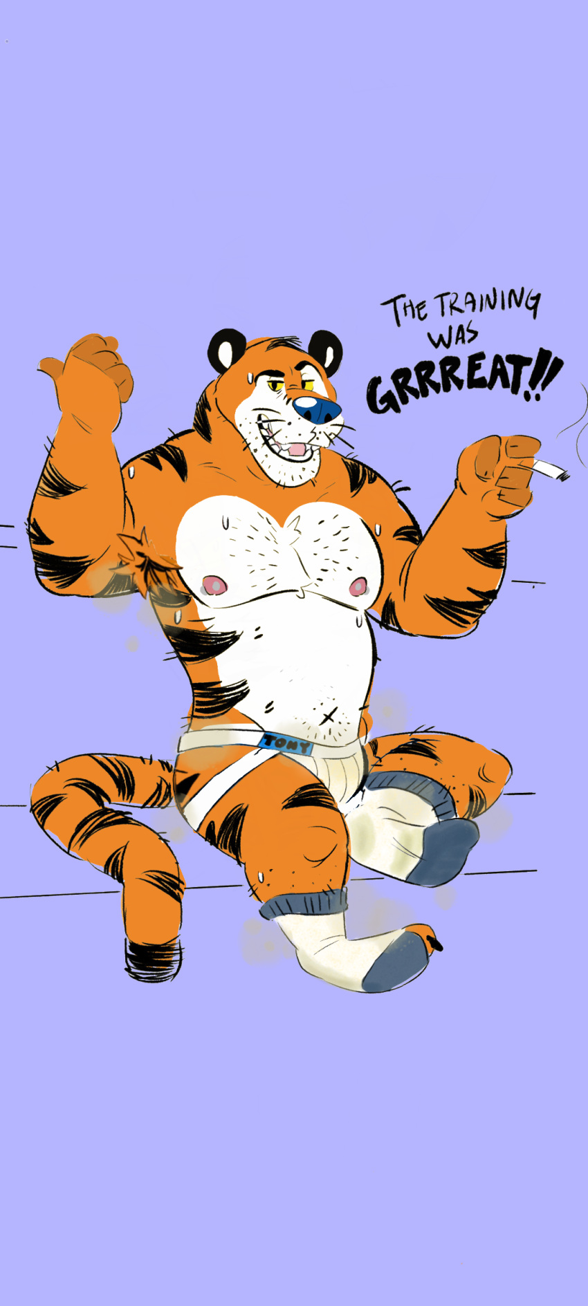 absurd_res armpit_fetish armpit_hair body_hair burrnie dirty_socks felid frosted_flakes hi_res kellogg's male mammal mascot musclegut musk_clouds pantherine solo solo_focus tiger tony_the_tiger