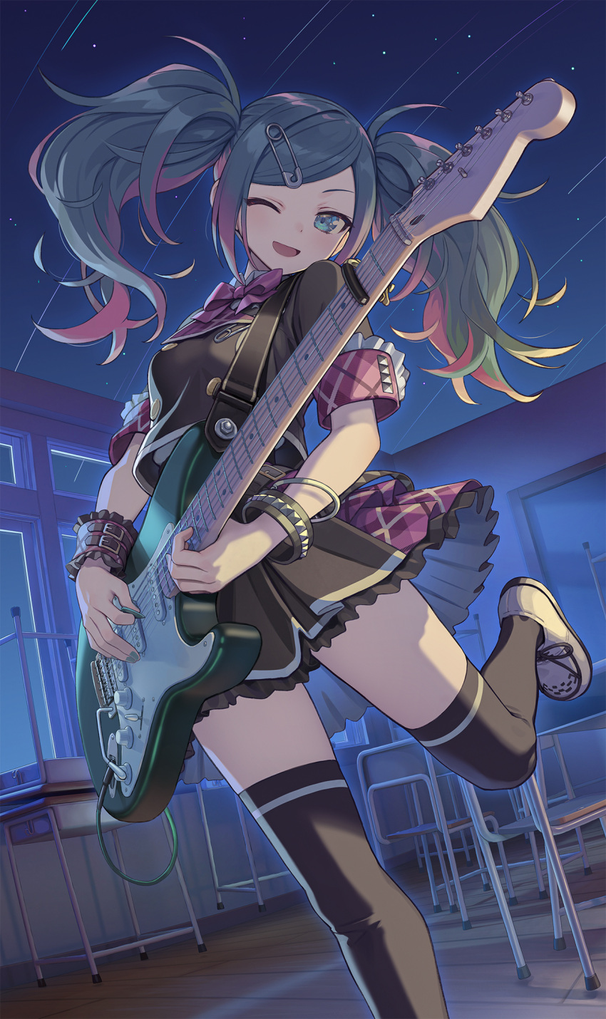 1girl black_thighhighs blue_eyes blue_hair bow breasts chair classroom collared_shirt desk electric_guitar frilled_skirt frilled_sleeves frills from_below guitar hair_ornament hairclip hatsune_miku highres holding holding_instrument instrument kurobuta_gekkan leg_up leo/need_(project_sekai) long_hair multicolored_hair music one_eye_closed open_mouth pink_hair playing_instrument plectrum project_sekai safety_pin school_desk shirt short_sleeves skirt small_breasts smile solo standing standing_on_one_leg thighhighs twintails vocaloid