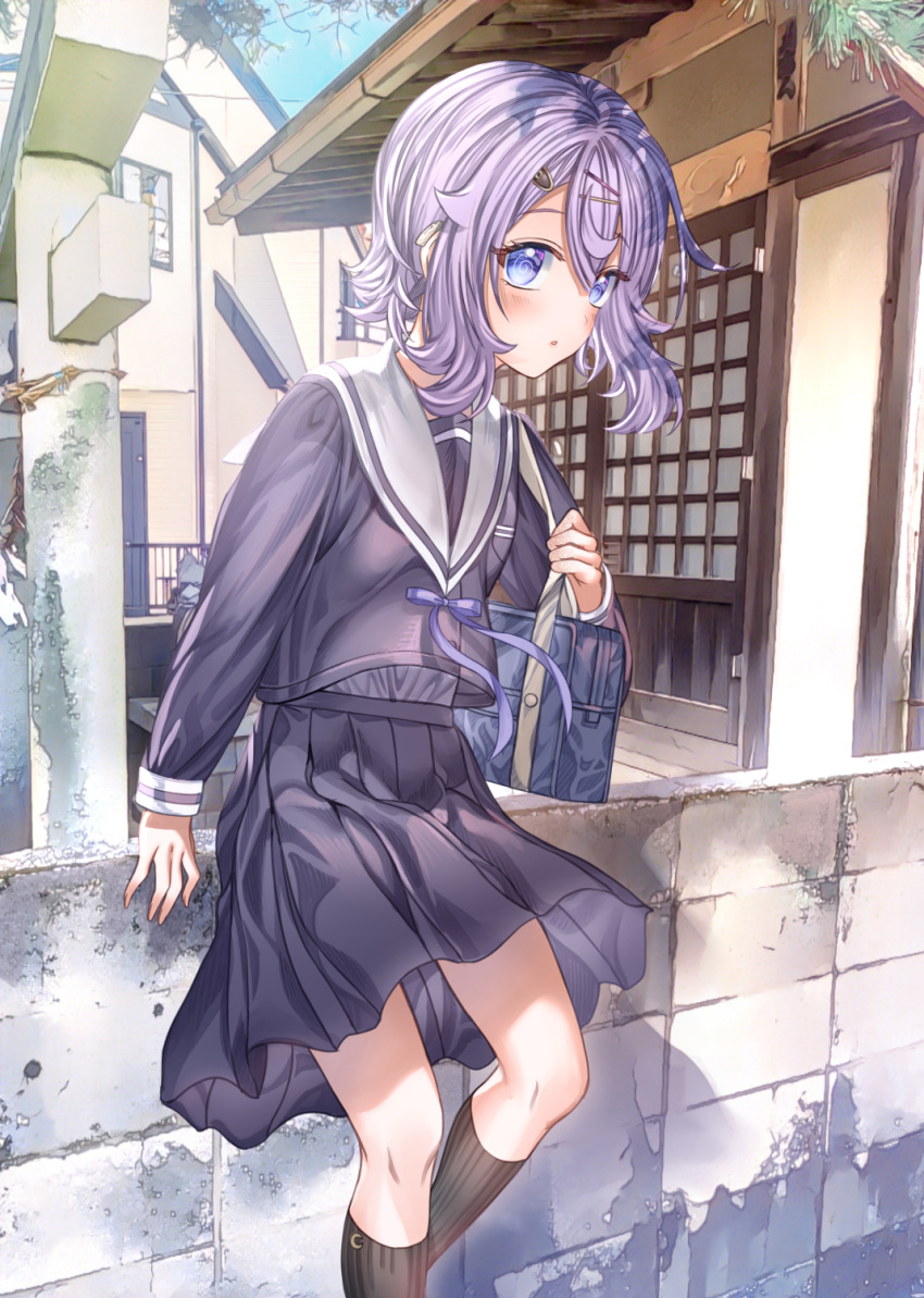 1girl :o @_@ aldehyde bag bangs black_serafuku black_shirt black_skirt black_socks blue_eyes blush bow commentary_request day grey_shirt hair_between_eyes hair_ornament hairclip highres kneehighs long_sleeves looking_at_viewer original outdoors parted_lips pleated_skirt purple_bow purple_hair ribbed_legwear ribbed_socks sailor_collar school_bag school_uniform serafuku shirt skirt sleeves_past_wrists socks solo undershirt white_sailor_collar