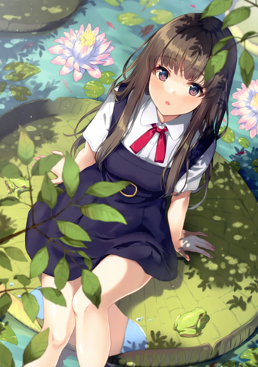 1girl absurdres arm_support bangs black_skirt blurry blush branch brown_hair collared_shirt depth_of_field frog highres leaf lily lily_pad long_hair looking_at_viewer looking_up non-web_source open_mouth original overall_skirt petals petals_on_liquid purple_eyes school_uniform shirt short_sleeves sidelocks sitting skirt solo unasaka_ryou water white_shirt