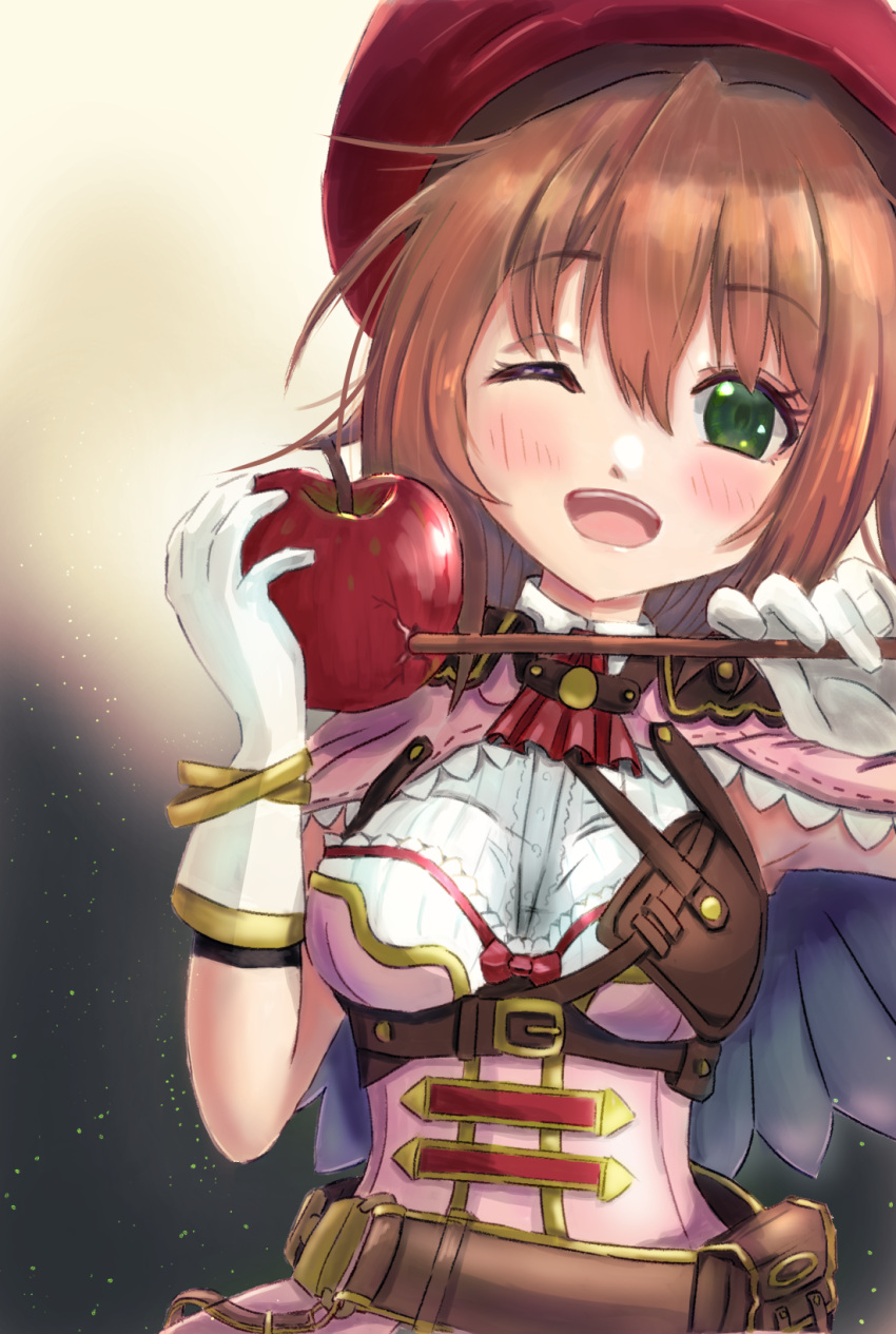 1girl ;d apple arrow_through_apple belt_pouch blush breasts brown_hair capelet food fruit gloves highres one_eye_closed pink_capelet pommier_(sennen_sensou_aigis) pouch red_headwear sennen_sensou_aigis sinonome_tounsai small_breasts smile solo upper_body white_gloves