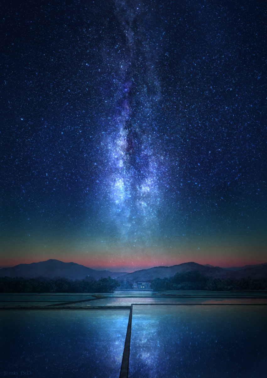 building commentary forest highres house landscape milky_way mks mountain mountainous_horizon nature night night_sky no_humans original reflection rice_paddy rural scenery sky star_(sky) starry_sky