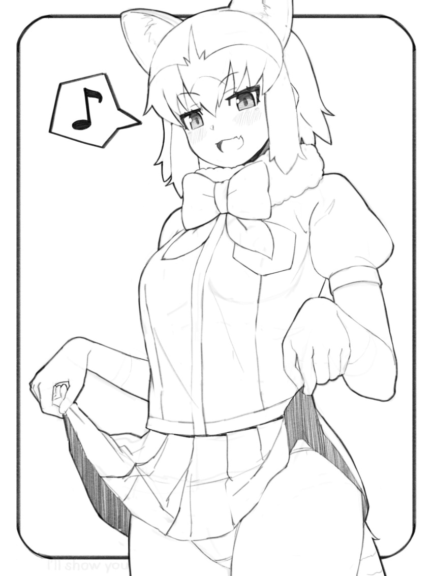 1girl :d animal_ear_fluff animal_ears bangs bow bowtie clothes_lift commentary common_raccoon_(kemono_friends) cowboy_shot deku_suke extra_ears fur_collar greyscale hair_between_eyes highres kemono_friends lifted_by_self looking_at_viewer monochrome musical_note open_mouth panties pleated_skirt puffy_short_sleeves puffy_sleeves raccoon_ears raccoon_girl short_hair short_sleeves simple_background skirt skirt_lift smile solo spoken_musical_note tail underwear