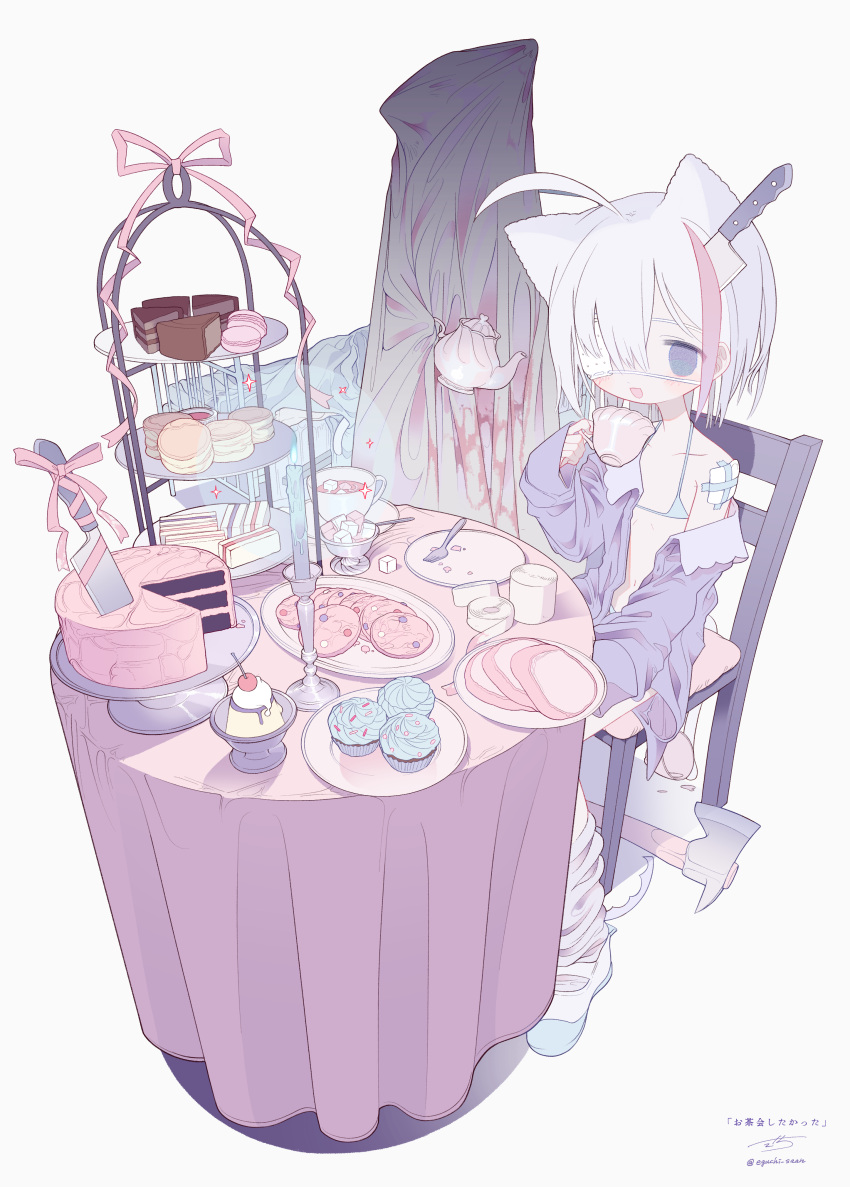 1girl 2others absurdres ahoge animal_ears axe bandages bangs bikini bikini_under_clothes blue_bikini blush cake cake_slice cake_stand candle candlestand cat_ears cat_girl cat_tail chair cherry collarbone commentary_request cup cupcake eyepatch flat_chest food fork fruit gauze highres holding holding_cup knife knife_in_head layer_cake long_sleeves loose_socks macaron medical_eyepatch micro_bikini multicolored_hair multiple_others navel off_shoulder on_chair one_eye_covered open_clothes open_mouth open_shirt original outo_eguchi pink_ribbon plate pudding purple_eyes purple_shirt ribbon shirt shoes short_hair signature simple_background sitting sleeves_past_wrists smile socks solo_focus sparkle streaked_hair string_bikini sugar_bowl sugar_cube swimsuit table tablecloth tail teacup teapot tiered_tray translation_request twitter_username uwabaki white_background white_footwear white_hair white_socks