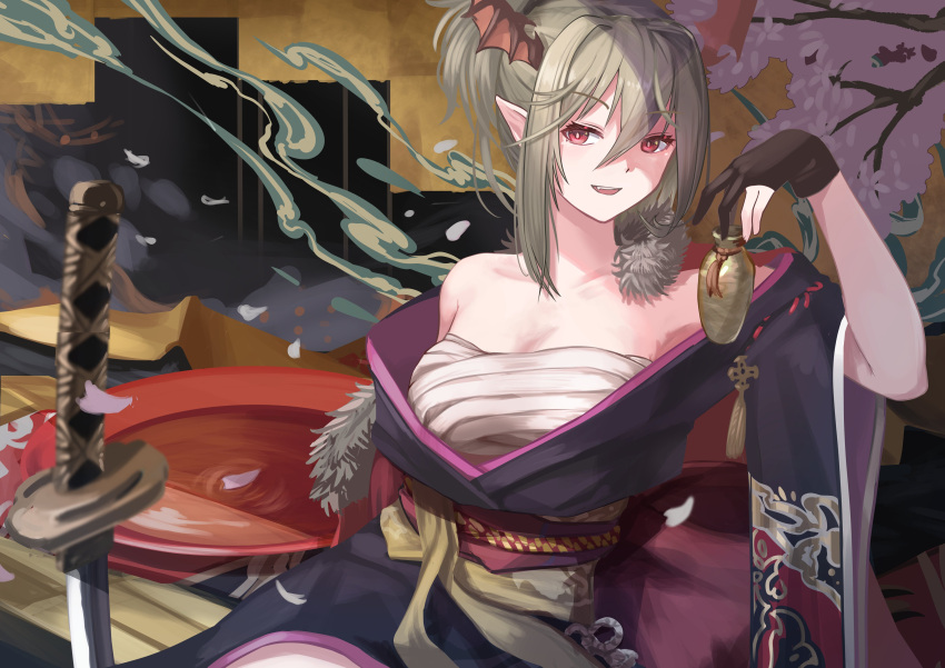 1girl absurdres alcohol bare_shoulders chest_sarashi cup gloves green_hair hair_between_eyes head_wings highres holding holding_cup ichien_ekaki japanese_clothes kimono looking_at_viewer medium_hair off_shoulder partially_fingerless_gloves petals planted planted_sword pointy_ears red_eyes sakazuki sarashi shadowverse sitting solo sword tassel weapon yuzuki_righteous_demon