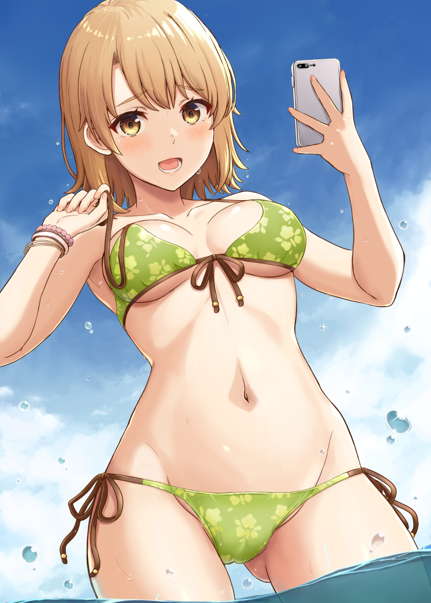 1girl ass_visible_through_thighs bangs bead_bracelet beads bikini blue_sky blush bracelet breasts brown_eyes brown_hair cellphone cloud commentary_request day green_bikini highres holding holding_phone inanaki_shiki isshiki_iroha jewelry lower_teeth medium_breasts medium_hair navel ocean open_mouth outdoors phone side-tie_bikini_bottom sky smartphone solo standing swimsuit teeth thighhighs underboob wading water_drop yahari_ore_no_seishun_lovecome_wa_machigatteiru.