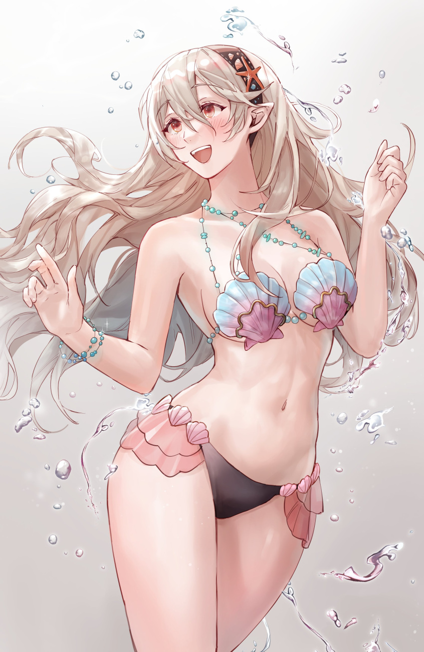 1girl absurdres alternate_costume bangs bikini black_hairband blush breasts cleavage commentary corrin_(fire_emblem) corrin_(fire_emblem)_(female) fire_emblem fire_emblem_cipher fire_emblem_fates floating_hair grey_hair hair_between_eyes hairband highres long_hair looking_away medium_breasts navel official_alternate_costume open_mouth pointy_ears red_eyes shell shell_bikini smile sobasakuhin starfish starfish_hair_ornament stomach swimsuit teeth upper_teeth