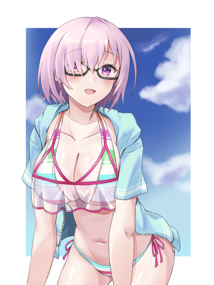 1girl bangs bare_shoulders bikini black-framed_eyewear blue_jacket blue_sky blush breasts cleavage cloud collarbone commentary_request cowboy_shot day dusu_(htkj) fate/grand_order fate_(series) glasses groin hair_between_eyes hair_over_one_eye highres hood hood_down hooded_jacket jacket large_breasts leaning_forward looking_at_viewer mash_kyrielight mash_kyrielight_(swimsuit_of_perpetual_summer_ver.02) multicolored_bikini multicolored_clothes navel official_alternate_costume open_clothes open_jacket open_mouth partial_commentary purple_eyes purple_hair rainbow_bikini see-through short_hair short_sleeves side-tie_bikini_bottom sidelocks sky solo standing stomach striped striped_bikini swimsuit white_background