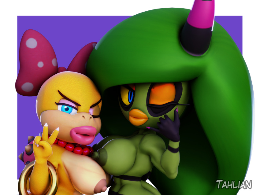 accessory anthro areola big_breasts bow_ribbon bracelet breasts call_me duo female gesture hair_accessory hair_bow hair_ribbon hi_res horn humanoid jewelry koopa koopaling lips looking_at_viewer mario_bros necklace nintendo nipples one_eye_closed ribbons scalie sega sonic_the_hedgehog_(series) tahlian the_deadly_six thick_lips v_sign video_games wendy_o._koopa wink zeena zeti