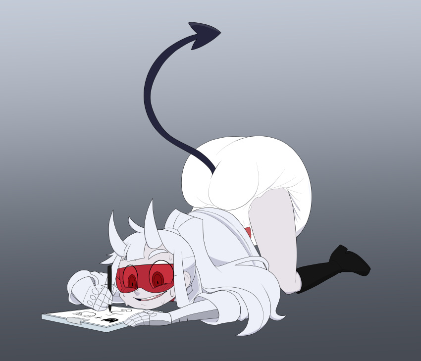 absurd_res ass_up boots clothing demon demon_humanoid diaper drawing eyewear female footwear glasses hair hi_res horn humanoid long_hair loremaster_(helltaker) mammal rinonno simple_background smile solo spade_tail white_diaper white_hair