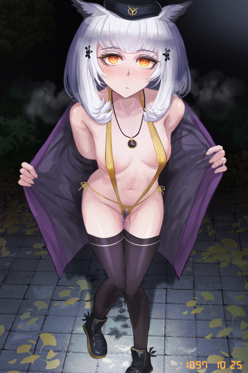 1girl ankle_boots arknights autumn_leaves bangs bare_shoulders black_footwear black_headwear black_thighhighs blunt_bangs blush boots breasts bright_pupils cleavage clock closed_mouth collarbone crotchless crotchless_swimsuit exhibitionism female_pubic_hair ginkgo_leaf gino grey_hair hat highres jacket leaf looking_at_viewer medium_breasts night off_shoulder open_clothes open_jacket orange_eyes outdoors owl_ears ptilopsis_(arknights) pubic_hair public_indecency purple_jacket pussy_juice short_hair slingshot_swimsuit solo steaming_body swimsuit thighhighs undressing wading yellow_one-piece_swimsuit