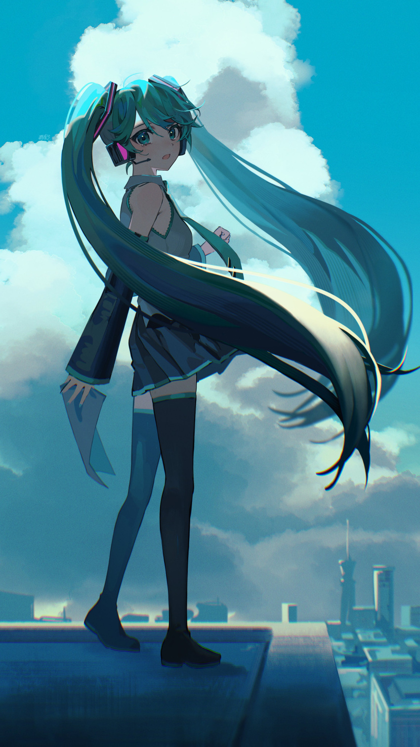 1girl absurdres aqua_eyes aqua_hair aqua_necktie bangs black_footwear black_thighhighs breasts city cloud cloudy_sky collared_shirt detached_sleeves full_body grey_shirt hair_between_eyes hatsune_miku headset highres holding holding_paper long_hair looking_at_viewer necktie open_mouth outdoors paper pleated_skirt rooftop shirt skirt sky sleeveless sleeveless_shirt small_breasts solo standing thighhighs torino_kawazu twintails vocaloid