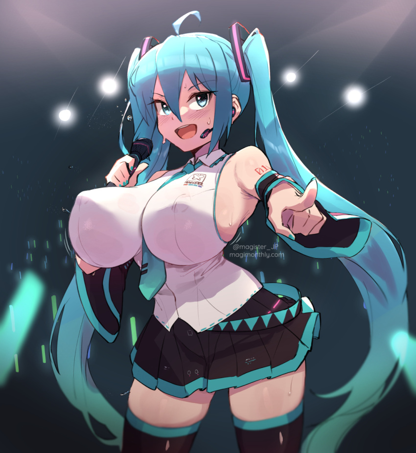 1girl alternate_breast_size aqua_eyes aqua_hair aqua_necktie breasts detached_sleeves hatsune_miku headset large_breasts long_hair magister necktie skirt sleeveless solo twintails very_long_hair vocaloid