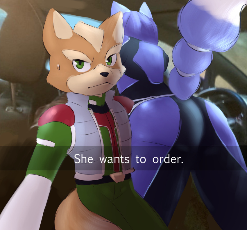 2022 anthro butt butt_focus canid canine car clothing digital_media_(artwork) duo english_text female fox fox_mccloud hi_res krystal male male/female mammal meme missmccloud nintendo shaded star_fox text tight_clothing vehicle video_games