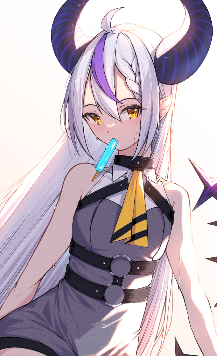 1girl absurdres ahoge backlighting bangs bare_arms bare_shoulders breasts brown_eyes chantly_78 commentary_request demon_horns dress fang food food_in_mouth grey_dress grey_hair hair_between_eyes highres hololive horns la+_darknesss mouth_hold multicolored_hair pointy_ears popsicle purple_hair simple_background sleeveless sleeveless_dress small_breasts solo streaked_hair virtual_youtuber white_background
