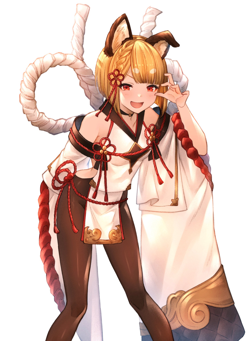 1girl absurdres animal_ears annno_ans arm_behind_back bangs bare_shoulders blunt_bangs braid breasts brown_pantyhose choker detached_sleeves dog_ears feet_out_of_frame granblue_fantasy groin hand_up highres looking_at_viewer open_mouth pantyhose red_eyes rope shimenawa short_hair simple_background single_braid small_breasts smile solo standing vajra_(granblue_fantasy) white_background wide_sleeves
