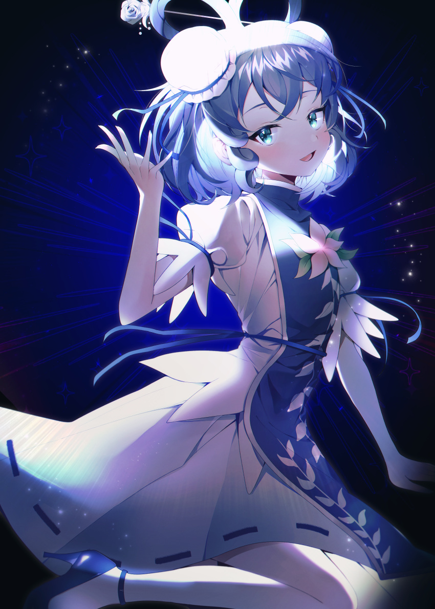 1girl :d absurdres bangs bun_cover double_bun dress fusion hair_bun hair_ornament hair_rings hair_stick hand_up highres ibaraki_kasen j_(ppxx3543) kaku_seiga looking_at_viewer night night_sky open_mouth shooting_star sky smile solo sparkle star_(sky) starry_sky touhou