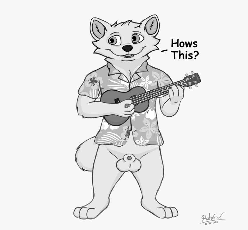 aloha_shirt animal_genitalia animal_penis balls canid canine chest_tuft clothing dialogue feet fox fur genitals hi_res holding_object kotofox lute male mammal monochrome musical_instrument pantsless pattern_clothing pattern_shirt pattern_topwear penis penis_tip plucked_string_instrument sheath shirt smile solo string_instrument topwear tuft ukulele