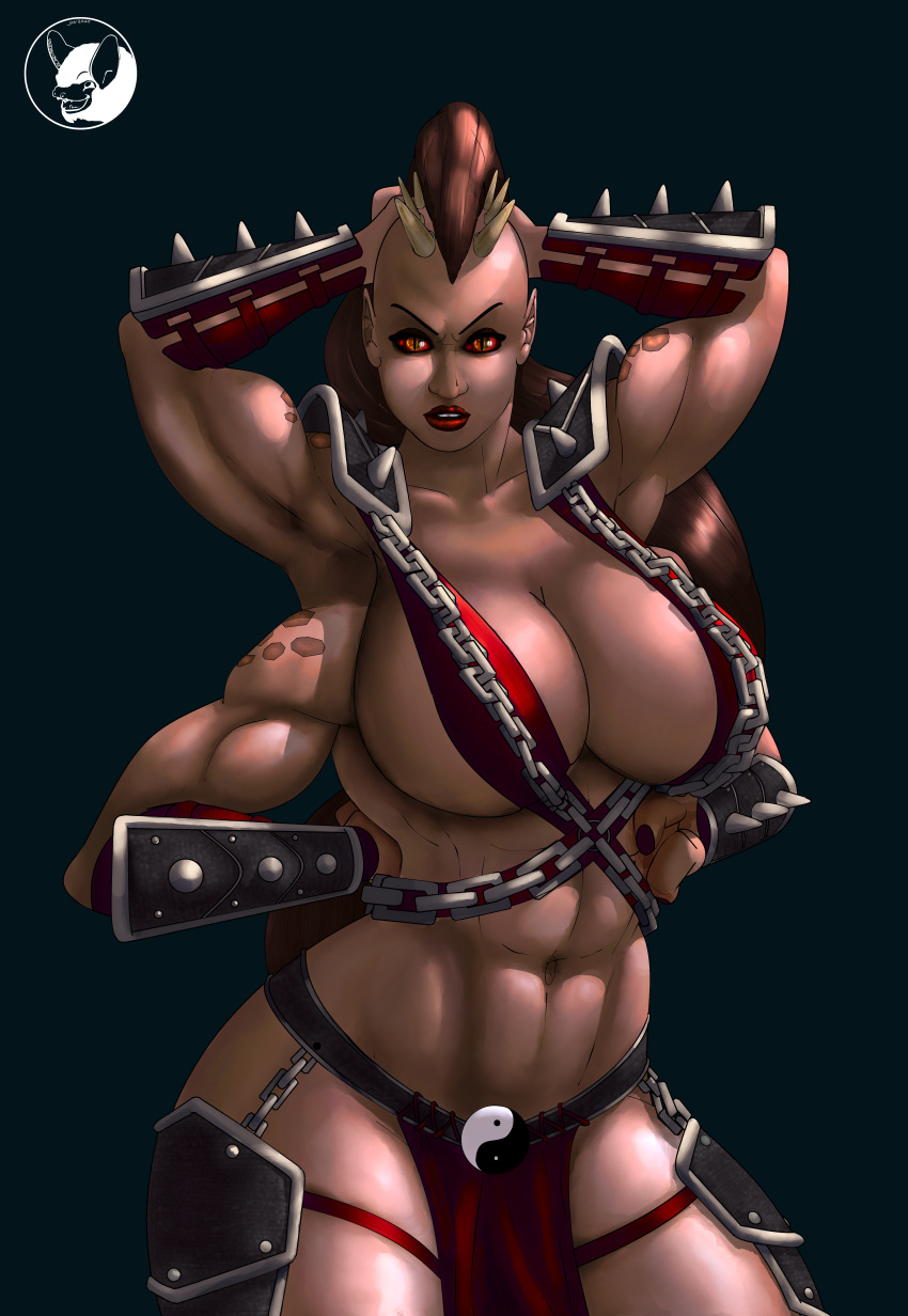 1girl abs absurdres armor arms_behind_head belt black_nails blind_anubis breasts brown_hair center_opening chain criss-cross_halter extra_arms halterneck hands_on_own_head hands_on_own_stomach highres horns huge_breasts large_breasts leg_armor lips lipstick looking_at_viewer makeup midriff mortal_kombat muscular muscular_female nail_polish navel no_bra no_shirt orange_eyes pauldrons pelvic_curtain pose red_lips sheeva shoulder_armor slit_pupils solo spiked_armor stomach thigh_armor thighs vambraces yin_yang