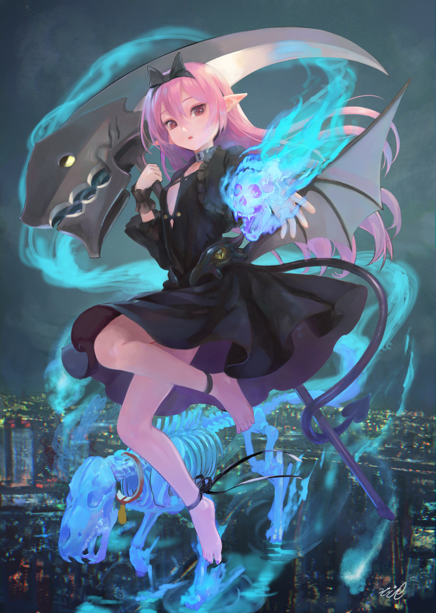 1girl :o anklet bangs bare_legs barefoot black_dress black_hairband blue_fire bow_hairband breasts brown_eyes building city city_lights clenched_hand dress fantasy fire flaming_skull floating hair_between_eyes hairband hand_up highres jewelry long_hair looking_at_viewer magic mizore_akihiro night original outdoors parted_lips pink_hair pointy_ears signature small_breasts solo toes wings