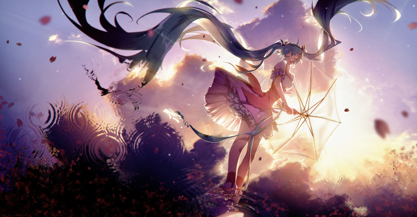 1girl absurdly_long_hair ankle_boots ankle_socks aqua_ribbon backlighting bare_legs blue_hair blue_sky blurry boots bow closed_eyes cloud cloudy_sky depth_of_field dress eyelashes floating_hair frilled_dress frilled_sleeves frills gradient gradient_sky hair_between_eyes hair_bow happy hatsune_miku highres holding holding_umbrella layered_dress legs_together lengchan_(fu626878068) light_blush light_particles light_rays long_hair long_neck melt_(vocaloid) open_mouth outdoors petals pink_dress pink_socks puffy_short_sleeves puffy_sleeves purple_bow purple_dress purple_sky reflection reflective_water ribbon ripples shiny shiny_hair short_dress short_sleeves sidelocks sky smile socks solo standing sunlight sunset transparent transparent_umbrella twintails umbrella underbust very_long_hair vocaloid water white_footwear wide_shot