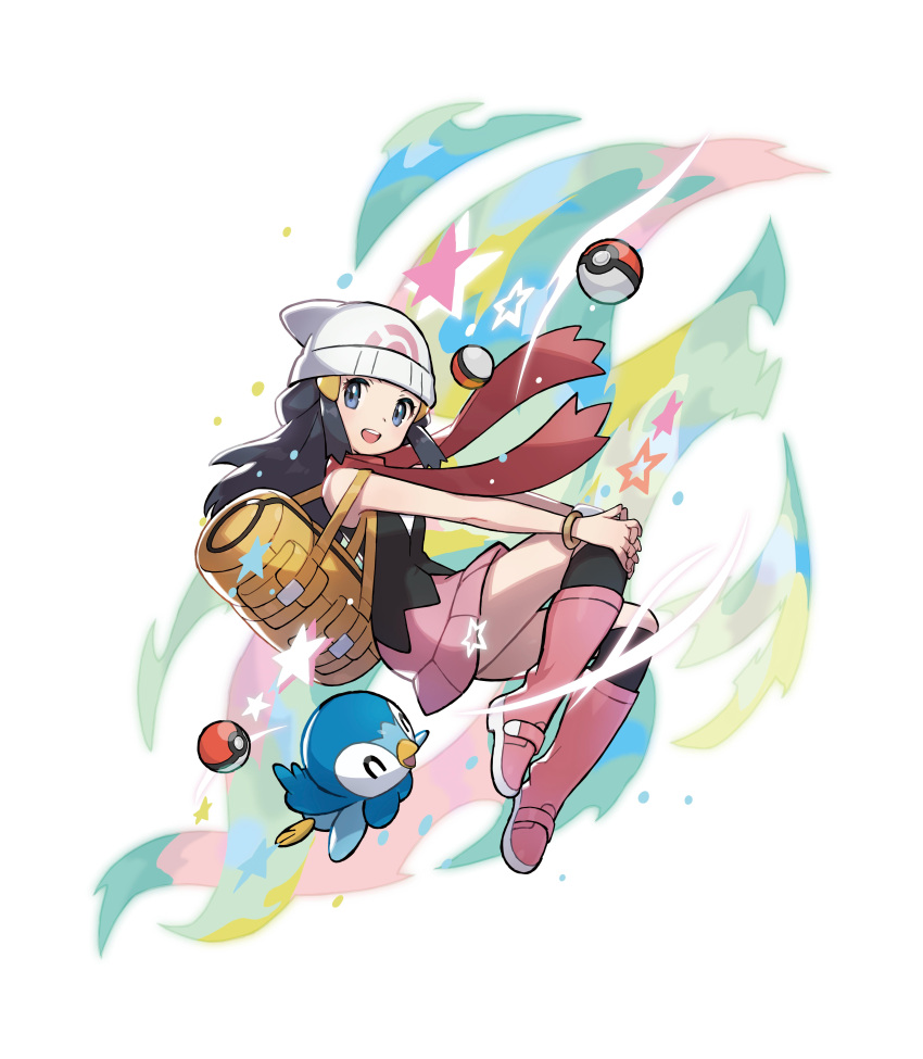 1girl absurdres bag beak beanie boots closed_eyes commentary dawn_(pokemon) handbag hat highres kneehighs looking_at_viewer miniskirt official_art open_mouth pink_footwear piplup poke_ball poke_ball_(basic) pokemon pokemon_(creature) pokemon_(game) pokemon_dppt saitou_naoki scarf skirt smile socks star_(symbol) symbol-only_commentary white_background wristband