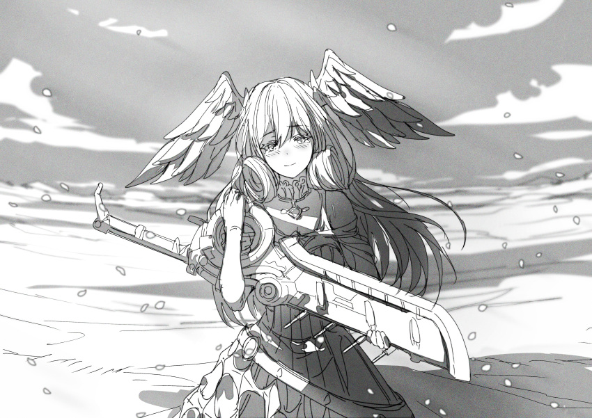 1girl absurdres curly_hair dress head_wings highres holding holding_sword holding_weapon long_hair melia_antiqua monado_rex monochrome poteto_(potetosarada123) smile sword tears weapon wind xenoblade_chronicles_(series) xenoblade_chronicles_1 xenoblade_chronicles_3