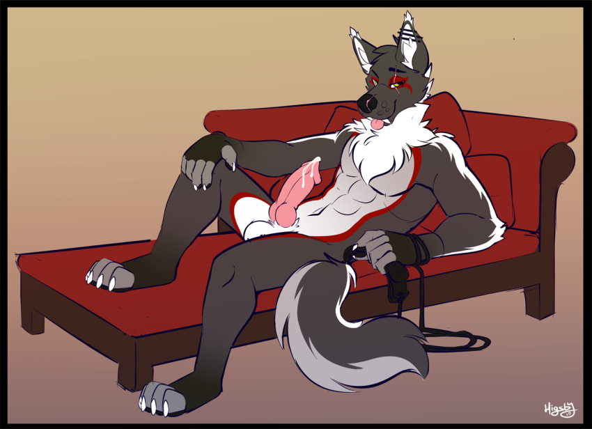 anthro canid canine canis chaise_longue chaise_lounge chest_tuft claws digital_media_(artwork) erection fur furniture genitals higsby knot male mammal nude penis reclining_on_sofa solo tuft wolf yellow_eyes