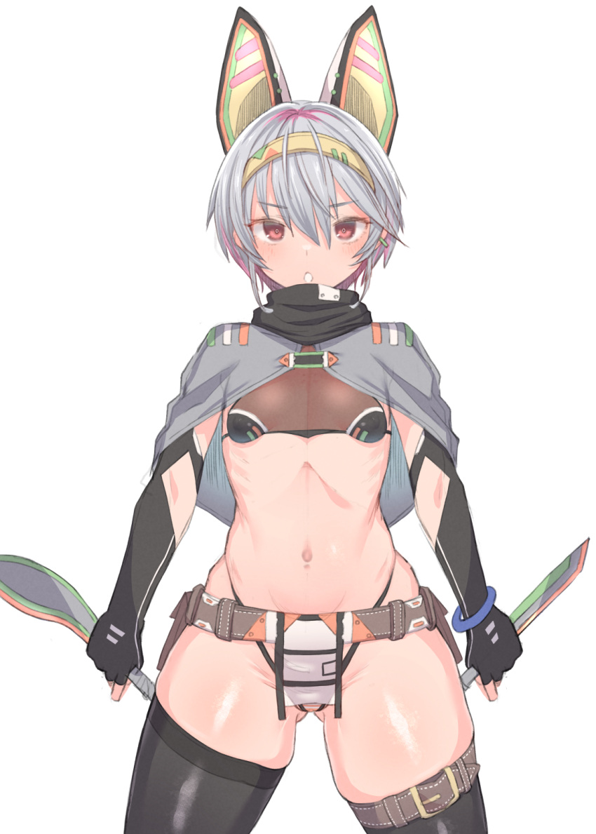 1girl animal_ears ass_visible_through_thighs belt belt_pouch black_gloves black_thighhighs blue_bracelet blush bracelet brown_belt capelet clothing_cutout covered_clitoris covered_nipples dagger dual_wielding earrings elbow_gloves eyelashes fingerless_gloves gloves grey_capelet grey_hair grey_panties hair_between_eyes hairband highres holding holding_dagger holding_weapon jewelry knife kukri long_eyelashes looking_at_viewer makabe_gorou mechanical_ears multicolored_hair navel open_mouth orange_panties original panties pink_eyes pink_hair pouch reverse_grip see-through shiny shiny_skin short_hair skindentation solo striped striped_panties thigh_strap thighhighs two-tone_hair underwear weapon yellow_hairband