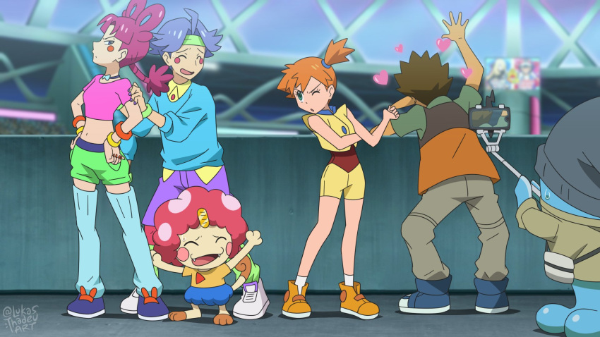 2boys 2girls ahoge angry blue_eyes blue_hair brock_(pokemon) brown_hair embarrassed happy headband heart highres james_(pokemon) jessie_(pokemon) lukas_thadeu meowth misty_(pokemon) multiple_boys multiple_girls orange_hair pokemon pokemon_(anime) purple_hair rotom rotom_dex wobbuffet youtube_logo