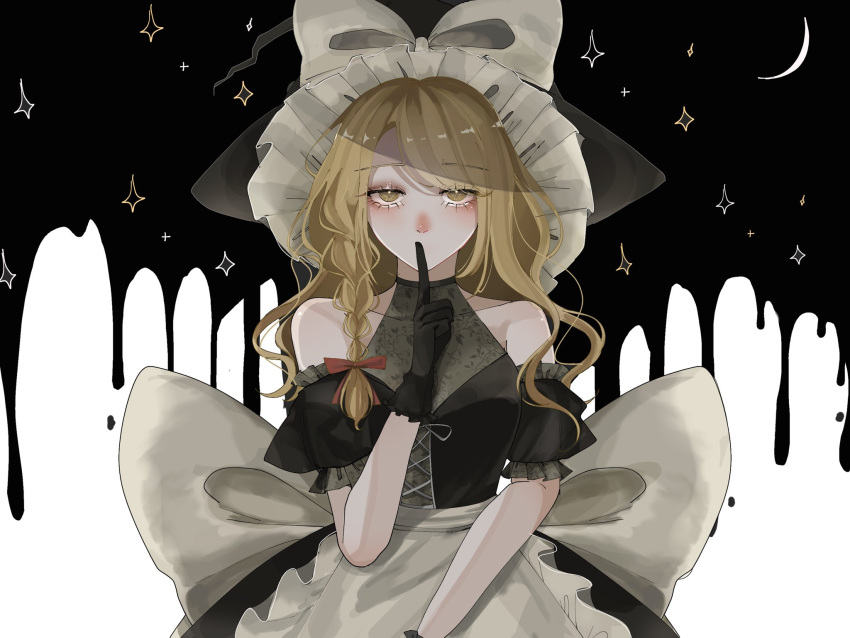 1girl adapted_costume apron back_bow bare_shoulders black_gloves blonde_hair blush bow braid breasts collarbone covered_mouth cowboy_shot crescent_moon finger_to_mouth gloves hair_ribbon hat highres kirisame_marisa long_hair looking_at_viewer medium_breasts moon night night_sky nose_blush off_shoulder pepetin_0147 ribbon see-through shooting_star single_braid sky solo sparkle star-shaped_pupils star_(sky) star_(symbol) starry_background starry_sky symbol-shaped_pupils touhou tress_ribbon waist_apron white_bow witch_hat yellow_eyes
