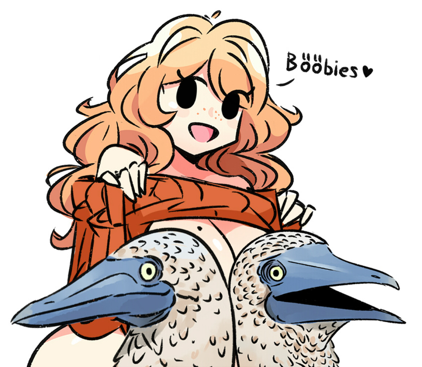 1girl animal bird blonde_hair booby_(bird) bottomless breasts clothes_lift flashing freckles heart lifted_by_self long_hair mole mole_on_breast murgoten open_mouth original ribbed_sweater spoken_heart sweater