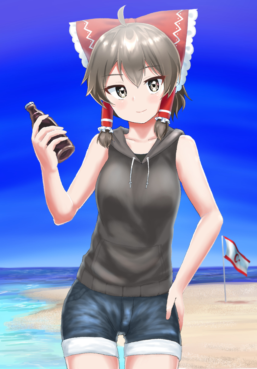 1girl absurdres ahoge bangs beach black_hoodie blue_shorts blue_sky blush bottle bow breasts brown_hair closed_mouth commentary cookie_(touhou) cowboy_shot crescent day flag frilled_bow frilled_hair_tubes frills gnzy_(style) grey_eyes hair_bow hair_tubes hakurei_reimu highres holding holding_bottle hood hood_down hoodie horizon labor looking_at_viewer maru_(cookie) medium_breasts outdoors parody red_bow short_hair shorts sidelocks sky sleeveless sleeveless_hoodie smile solo star_(symbol) style_parody touhou turkish_cypriot_flag water