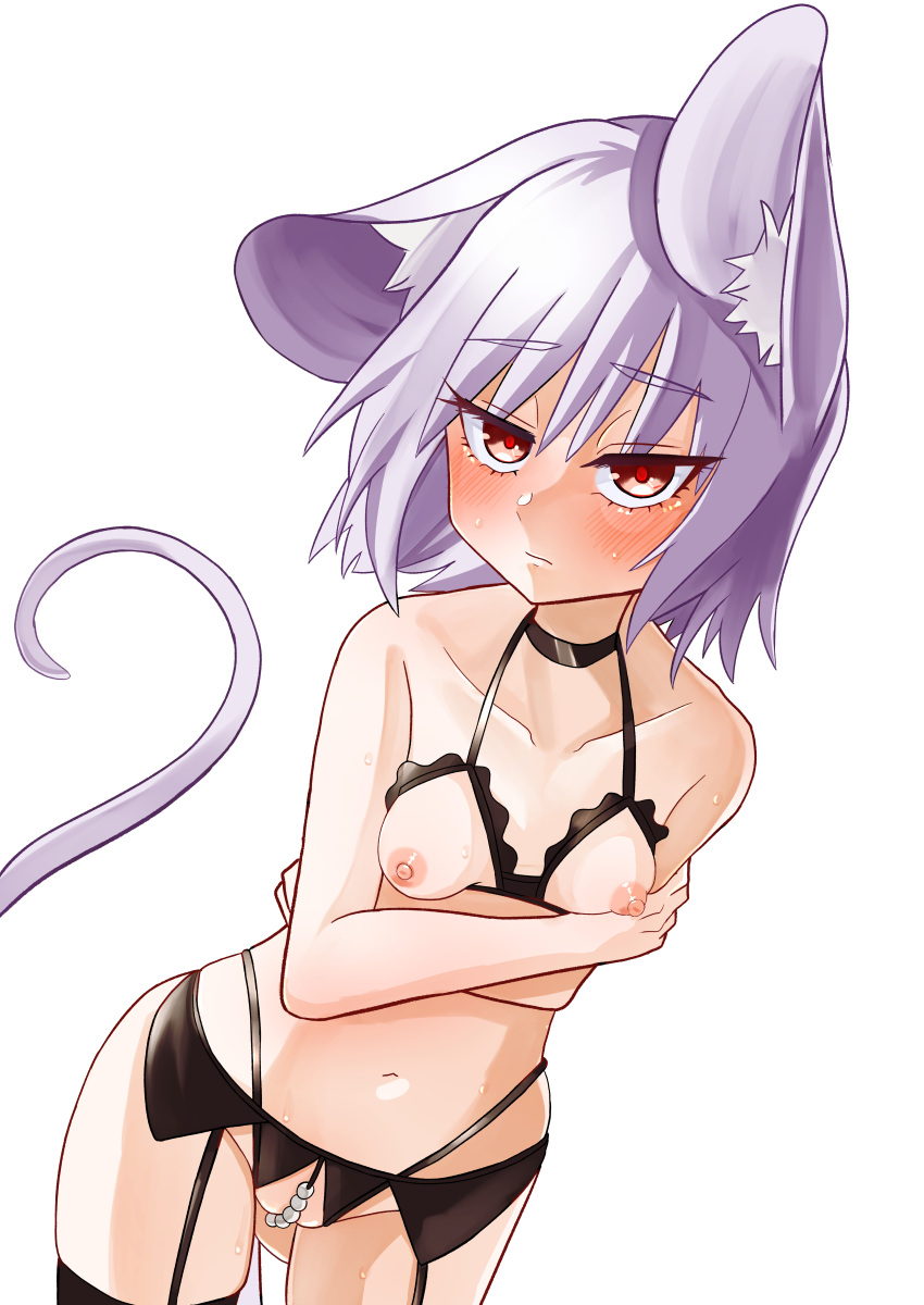 1girl absurdres animal_ear_fluff animal_ears bangs black_bra black_panties black_thighhighs blush bra breasts closed_mouth commentary_request cowboy_shot crotch_cutout cupless_bra expressionless garter_belt ginger_ale_(syouga_6383) grey_hair hair_between_eyes highres looking_at_viewer mouse_ears mouse_girl mouse_tail nazrin nipples panties pearl_thong red_eyes short_hair simple_background small_breasts solo tail thighhighs touhou underwear underwear_only white_background