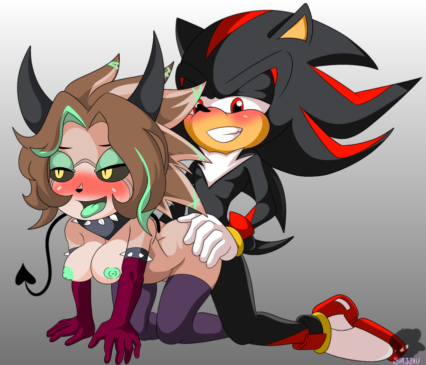 anthro black_body black_fur breasts clenched_teeth clothing doggystyle duo eulipotyphlan fan_character female from_behind_position fur gloves handwear hedgehog hi_res horn humanoid legwear looking_at_another looking_pleasured male male/female mammal nipples penetration red_eyes sega sex shadow_the_hedgehog sirjzau sonic_the_hedgehog_(series) spade_tail stockings succubus teeth teeth_showing tongue tongue_out vaginal vaginal_penetration yellow_eyes
