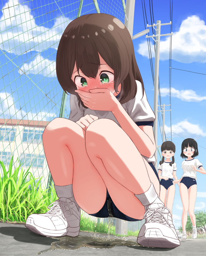 3girls backlighting bangs blue_buruma blue_sky blush breath brown_hair buruma chain-link_fence clenched_hand cloud commentary_request commission covering_mouth cross-laced_footwear day embarrassed fence full_body grass green_eyes gym_uniform hand_up highres knees_together_feet_apart legs looking_down multiple_girls nose_blush original outdoors pee peeing peeing_self power_lines puddle shiny shiny_hair shirt shoes short_hair short_sleeves sidelocks skeb_commission sky sneakers socks solo_focus squatting tears urabe_miyabi utility_pole wet wet_clothes white_footwear white_shirt white_socks wide-eyed
