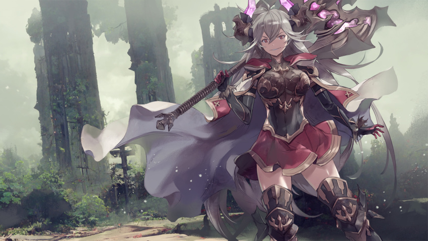1girl akira_(coffee_curry) axe bangs battle_axe black_gloves breasts cape draph elbow_gloves gauntlets gloves granblue_fantasy grey_hair highres horns large_breasts long_hair looking_at_viewer pointy_ears red_eyes smile solo thighhighs thighs threo_(granblue_fantasy) weapon white_cape