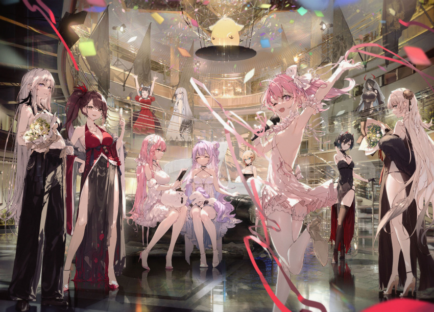 6+girls algerie_(azur_lane) alternate_costume anniversary artist_request azur_lane bouquet confetti dress dunkerque_(azur_lane) eagle_union_(emblem) enterprise_(azur_lane) evening_gown flag friedrich_der_grosse_(azur_lane) high_heels highres howe_(azur_lane) indoors iron_blood_(emblem) manjuu_(azur_lane) meowfficer_(azur_lane) microphone multiple_girls official_art perseus_(azur_lane) royal_navy_(emblem) sakura_empire_(emblem) saratoga_(azur_lane) sardegna_empire_(emblem) side_slit streamers stuffed_unicorn thighhighs ulrich_von_hutten_(azur_lane) unicorn_(azur_lane) yamashiro_(azur_lane) zuikaku_(azur_lane)