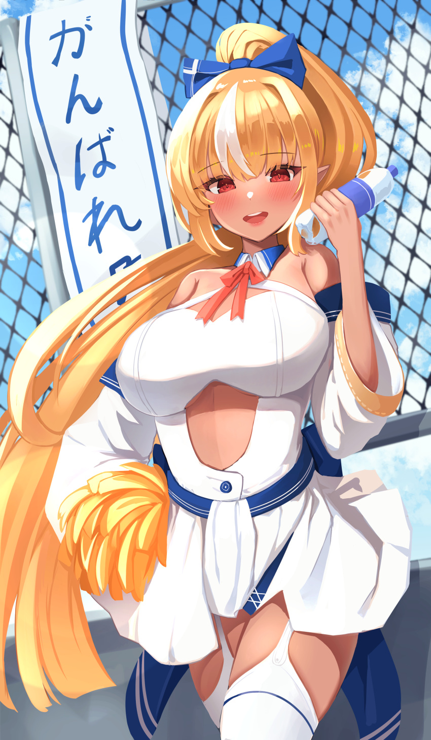 1girl absurdres bangs blonde_hair blush bottle bow breasts cleavage clothing_cutout daran9 dark-skinned_female dark_skin detached_collar detached_sleeves dress elf garter_straps hair_ribbon high_ponytail highres holding holding_bottle hololive large_breasts long_hair looking_at_viewer multicolored_hair open_mouth pointy_ears ponytail red_eyes ribbon shiranui_flare smile solo streaked_hair thighhighs thighs virtual_youtuber white_dress